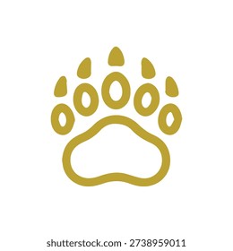 A simple and bold golden yellow bear paw print icon. This minimalist wildlife symbol is isolated on a white background, perfect for logos or designs.