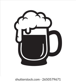 A simple, bold graphic of a beer mug filled with dark liquid and overflowing foam.