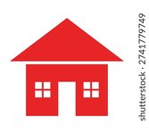 Simple bold graphic illustration of a red house silhouette with a triangular roof two square windows on each side of a central doorway and a clean white background representing homeownership real