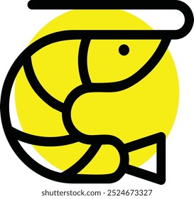 A simple and bold graphic illustration of a shrimp icon outlined in black with a bright yellow circle backdrop, representing seafood themes.