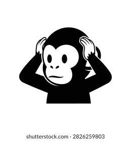 A simple, bold graphic of a monkey emoji covering its ears, symbolizing 'hear no evil'.