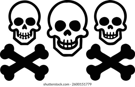 Simple, bold graphic of three skull and crossbones symbols against a plain white background.