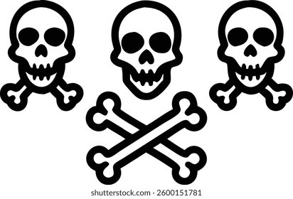 Simple, bold graphic of three skull and crossbones symbols against a plain white background.