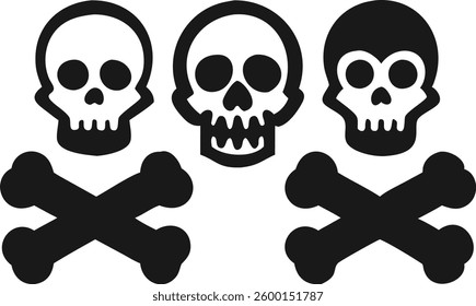 Simple, bold graphic of three skull and crossbones symbols against a plain white background.