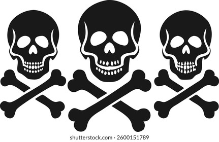 Simple, bold graphic of three skull and crossbones symbols against a plain white background.