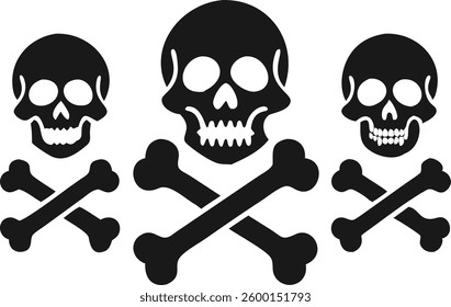 Simple, bold graphic of three skull and crossbones symbols against a plain white background.