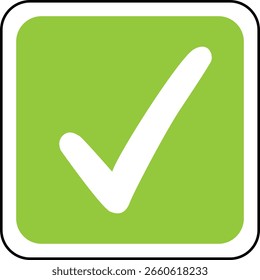 Marca de verificación verde en negrita simple en fondo cuadrado redondeado, perfecto para UI digital, lista de verificación, formularios de Aprobación o insignias.