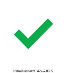 Um ícone de marca de seleção verde simples e em negrito isolado em um plano de fundo branco, representando aprovação, conclusão, correção, êxito e validação realizada.