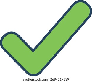 Um símbolo de marca de seleção simples, negrito e verde com um contorno azul escuro, isolado em um fundo branco, representando confirmação, sucesso ou acordo.
