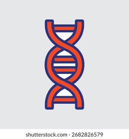 Un icono simple y audaz de una estructura de ADN de doble hélice en rojo con un contorno azul sobre un fondo gris claro.