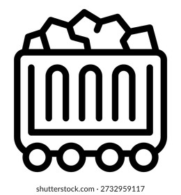Simple, bold icon of a mining cart full of coal, moving along rails