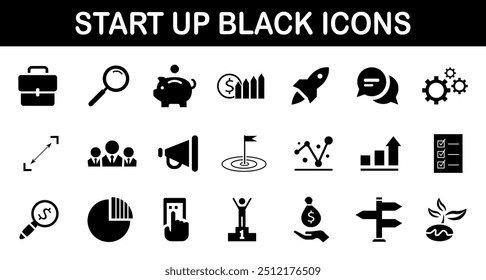 Ícones simples em negrito relacionados com a empresa iniciante. ícones em preto.