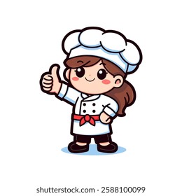 Simple Bold Illustration Of Adorable Female Chibi Chef Cartoon Giving a Thumbs Up Gesture