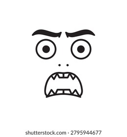 A simple, bold illustration of an angry face with exaggerated features including wide, bulging eyes, raised eyebrows, and sharp, jagged teeth. The design is monochromatic with stark black lines on a p.