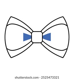 A simple and bold illustration of a blue bow tie with black outlines on a white background.
