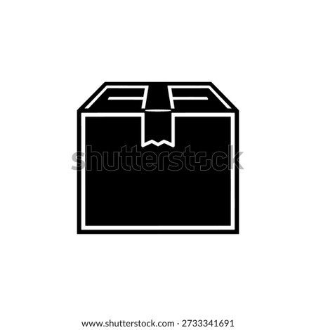 A simple, bold illustration of a box with a ribbon, distinguished by its striking silhouette style.