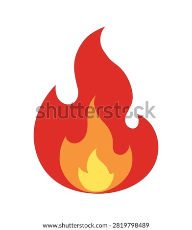 A simple, bold illustration of fire with vibrant colors, suitable for various design applications and representing heat or energy. Stylized graphic of bright red and orange flames on a white background