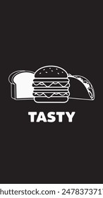 Simple and bold illustration of food icons including a slice of bread, a burger, and a taco with the word "Tasty" beneath them on a black background.