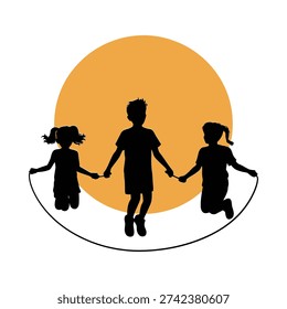 A simple, bold image depicting three children energetically jumping rope in silhouette.