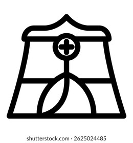 Simple, bold line art icon of a field hospital tent, symbolizing medical aid and healthcare services in remote or disaster stricken areas