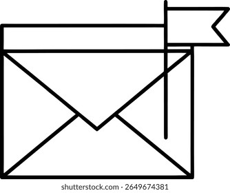 Um ícone simples, em negrito, com um envelope com uma bandeira anexada. O invólucro é representado com o seu retalho triangular característico e linhas diagonais que indicam o seu fecho. 