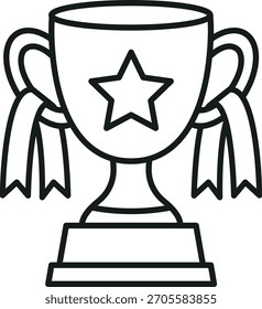 Un icono de arte lineal simple y audaz de una clásica copa de trofeo de dos mangos en una base de pedestal, con un emblema de estrella en su cuerpo. Excelente para simbolizar la victoria, la competencia, los deportes, los logros o la primera 