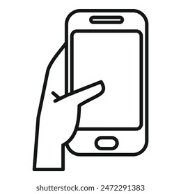 Ilustración simple y audaz de una línea de arte de una mano sosteniendo y usando un teléfono inteligente moderno, perfecto para la tecnología y la comunicación visual