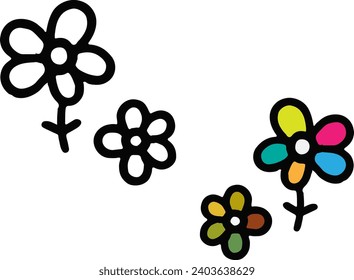 Simple bold line flowers, set of line drawings and color illustrations