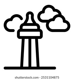 Simple, bold line icon of a baby bottle drying rack under a cloudy sky