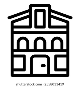 Simple, bold line icon of a building facade featuring arched windows and a doorway