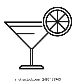 Simple, bold line icon of a cocktail glass with a citrus slice
