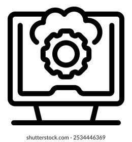 Simples, ícone de linha em negrito de uma tela de computador exibindo uma roda dentada parcialmente dentro de uma nuvem, representando a computação em nuvem