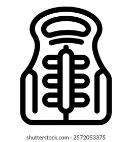Simple, bold line icon of a life jacket, essential safety equipment for water activities and emergencies