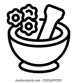 Simple, bold line icon of a mortar and pestle, actively crushing ingredients