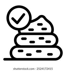 Icono de línea simple y audaz de una pila de caca con una marca de verificación, que simboliza la Aprobación y el control de calidad