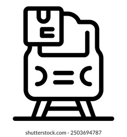 Simple, bold line icon of a train delivering a parcel, representing express transportation and shipping services
