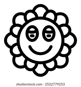 Simple, bold lined icon of a happy flower smiling with its eyes closed