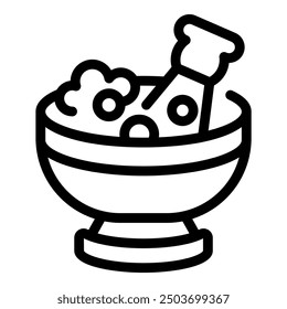 Simple, bold lined icon of a science experiment, beaker filled with a bubbling solution