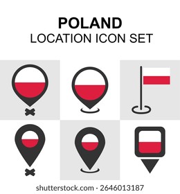 Simple and bold location pin icons using the Polish flag. Ideal for European travel, geography, and maps.
