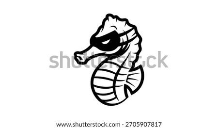 A simple, bold, monochrome line art drawing of a seahorse character. The aquatic animal is wearing a mysterious bandit or superhero mask, isolated on a white background.