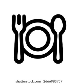 Simples negrito Contorno Jantar Placa com Colher e Fork Ícone