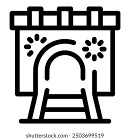 Simple bold outline icon representing a train entering a tunnel, displayed on a billboard with flashing lights