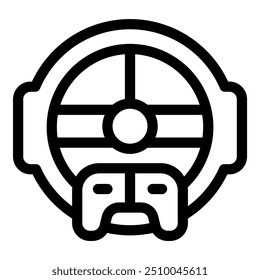 Simple bold outline icon representing a gamer wearing a virtual reality headset playing with a gamepad