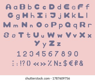 A simple bold sans serif font with a stroke. Round letters, numbers and signs. Vector illustration