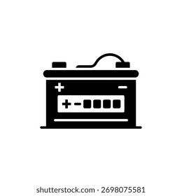 Eine einfache, fette Silhouette einer Autobatterie, die positive und negative Anschlüsse und eine Kabelverbindung zeigt.