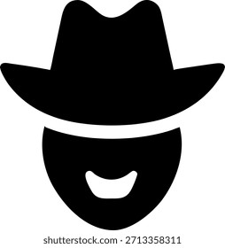 Uma silhueta simples e ousada de um rosto usando um chapéu de cowboy, perfeito para adicionar um toque de talento ocidental aos seus projetos.