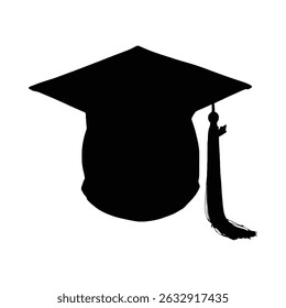 A simple, bold silhouette of a graduation cap, featuring a classic design. The solid black silhouette style is distinctive.
