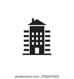A simple, bold silhouette illustration of a modern multi-story building featuring a flat roof and grid-like window pattern. The design uses stark black shapes against a plain white background, creatin.