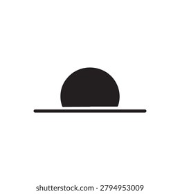 A simple, bold silhouette of a round, black shape resembling a sun partially descending behind a straight, thin black horizon line. The composition is stark, with no shading, gradients, or additional .