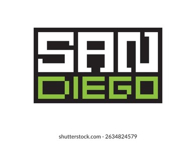 A simple, bold text design of "San Diego" in black and green with a blocky, retro-inspired aesthetic.